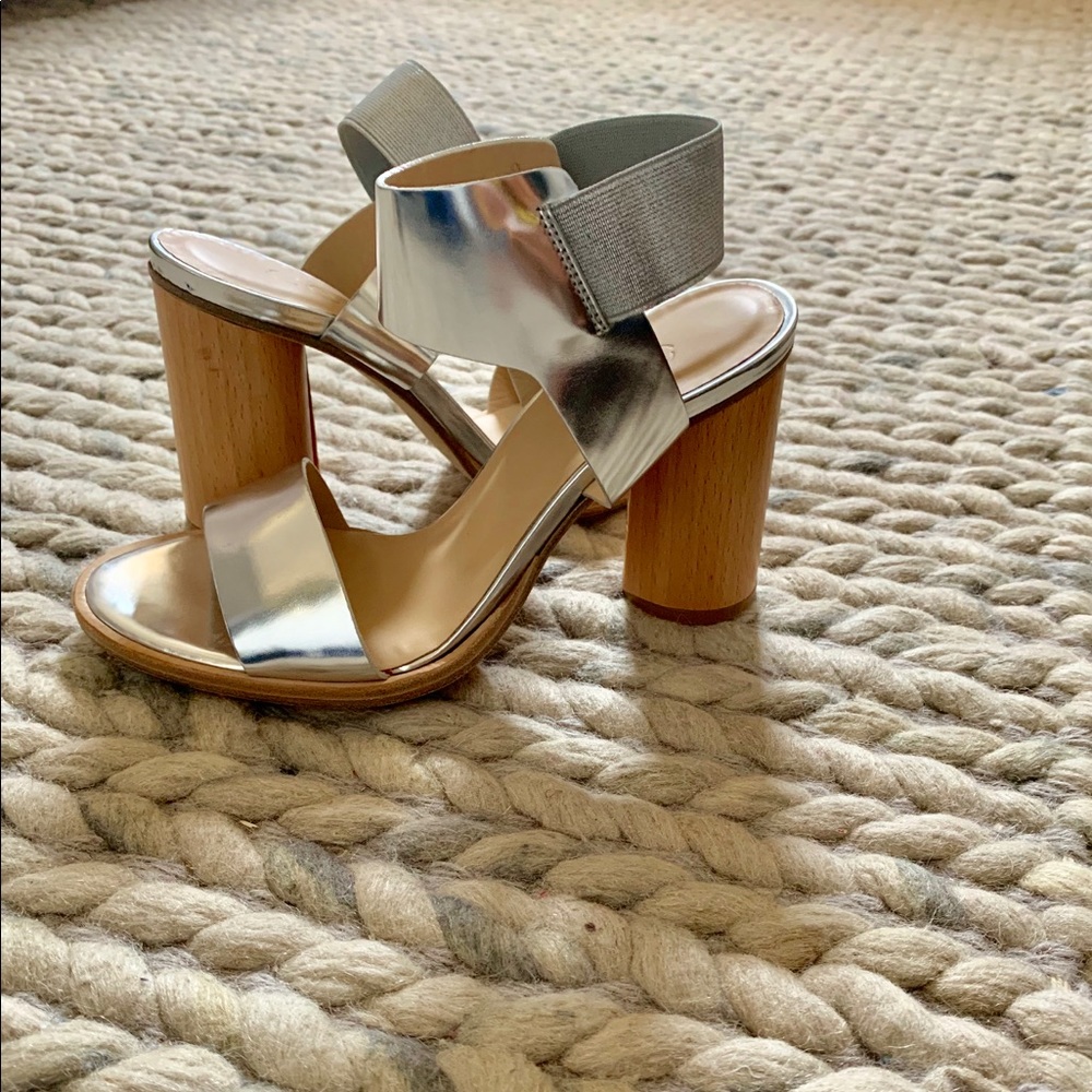 COS Metallic Silver leather  with wooden 3.5”Heels